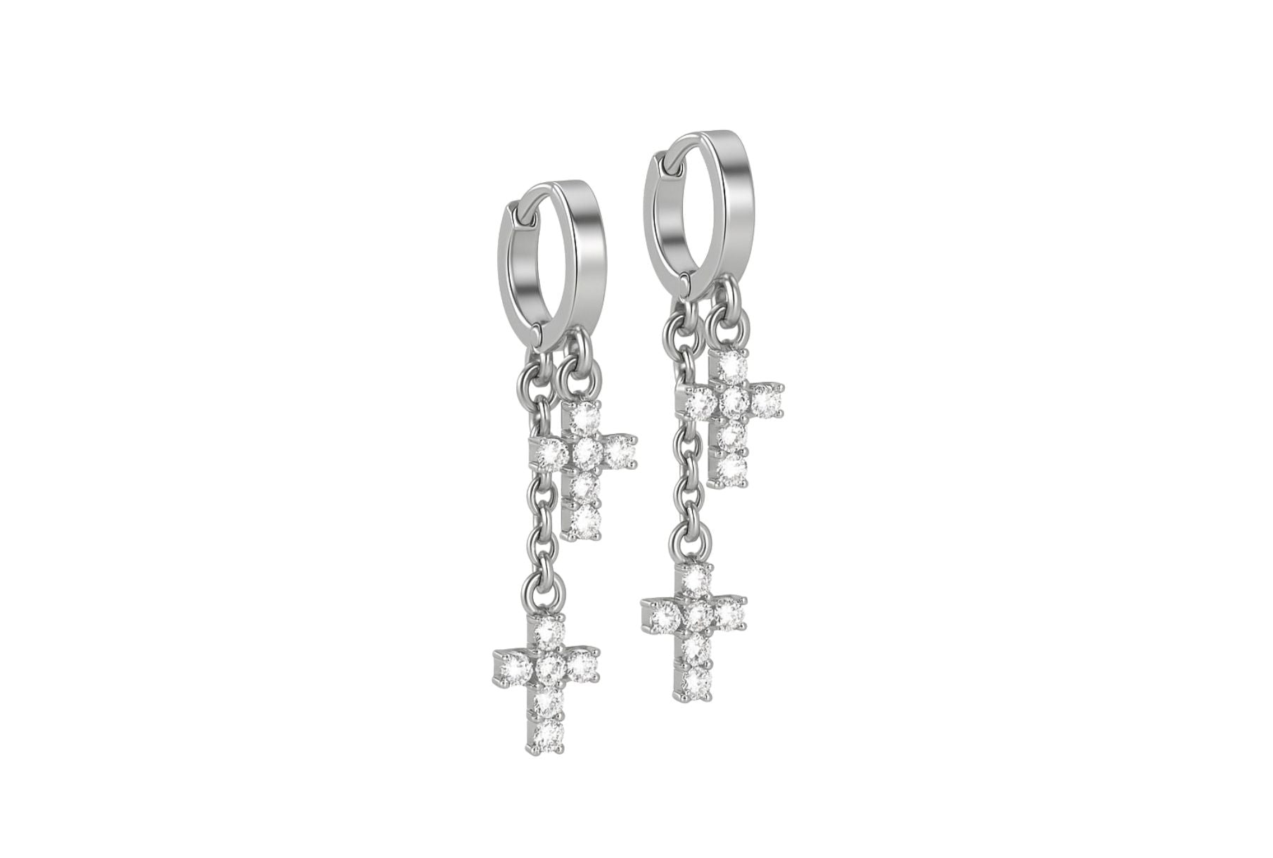 dangle hoop earrings with crystal crosses for sensitive skin