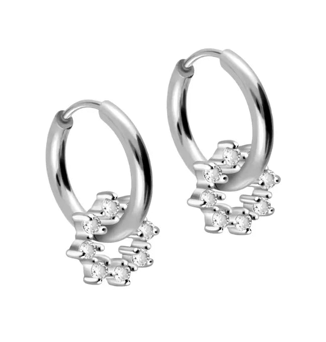 non-tarnish hoop earrings featuring a sparkly flower
