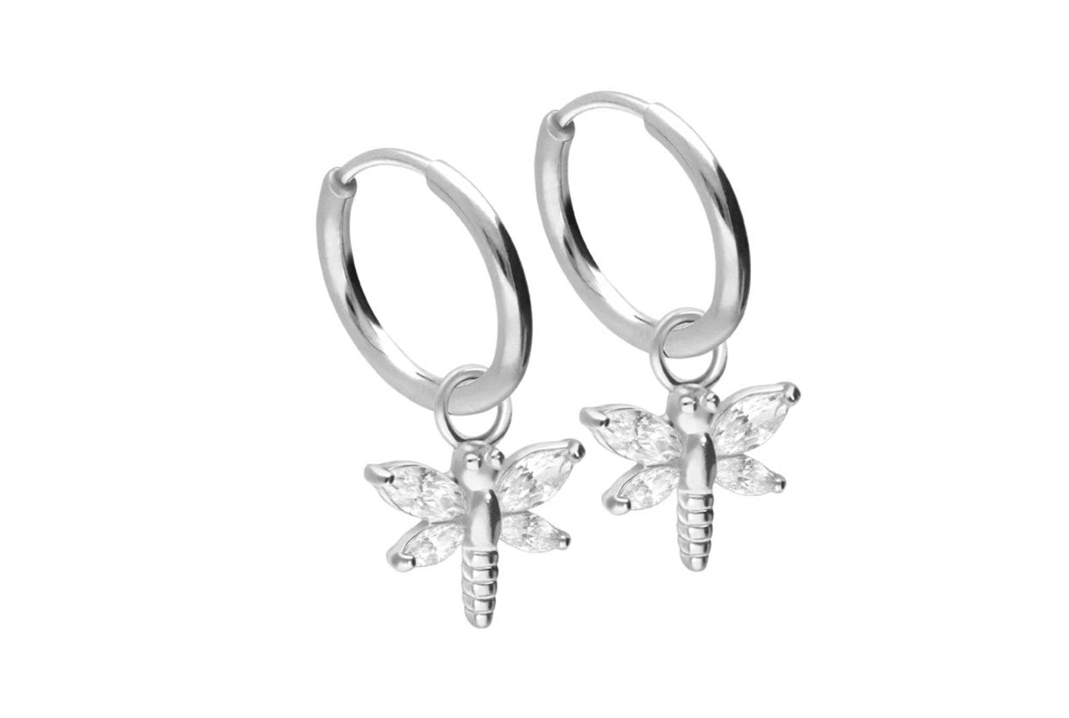 hypoallergenic dangle hoop earrings featuring a dainty dragonfly