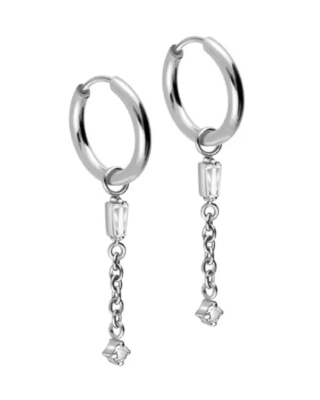 non-tarnish dangle hoop earrings featuring a dainty crystal design