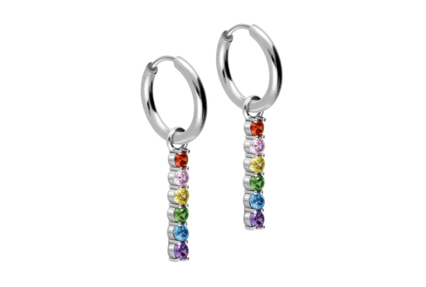stainless steel hoop earrings with a dangling rainbow design