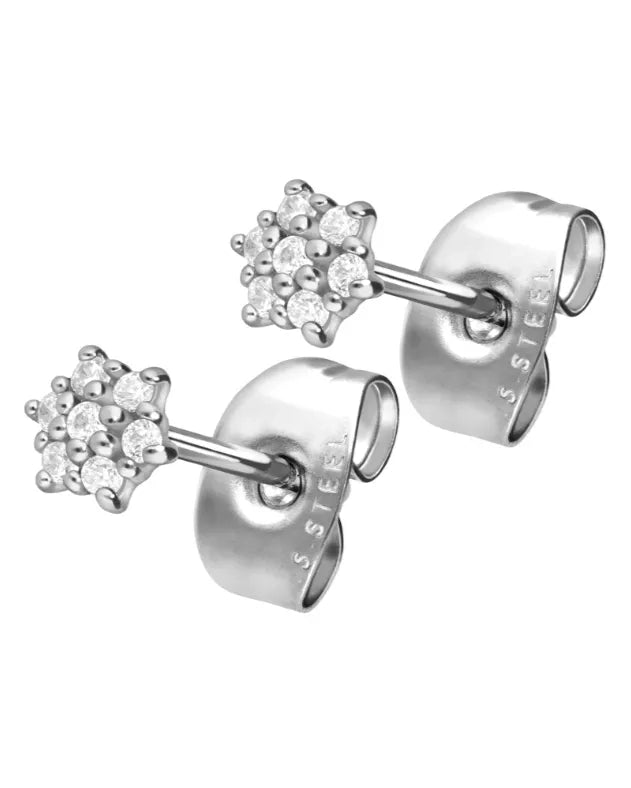 non-tarnish stud earrings featuring a crystal flower