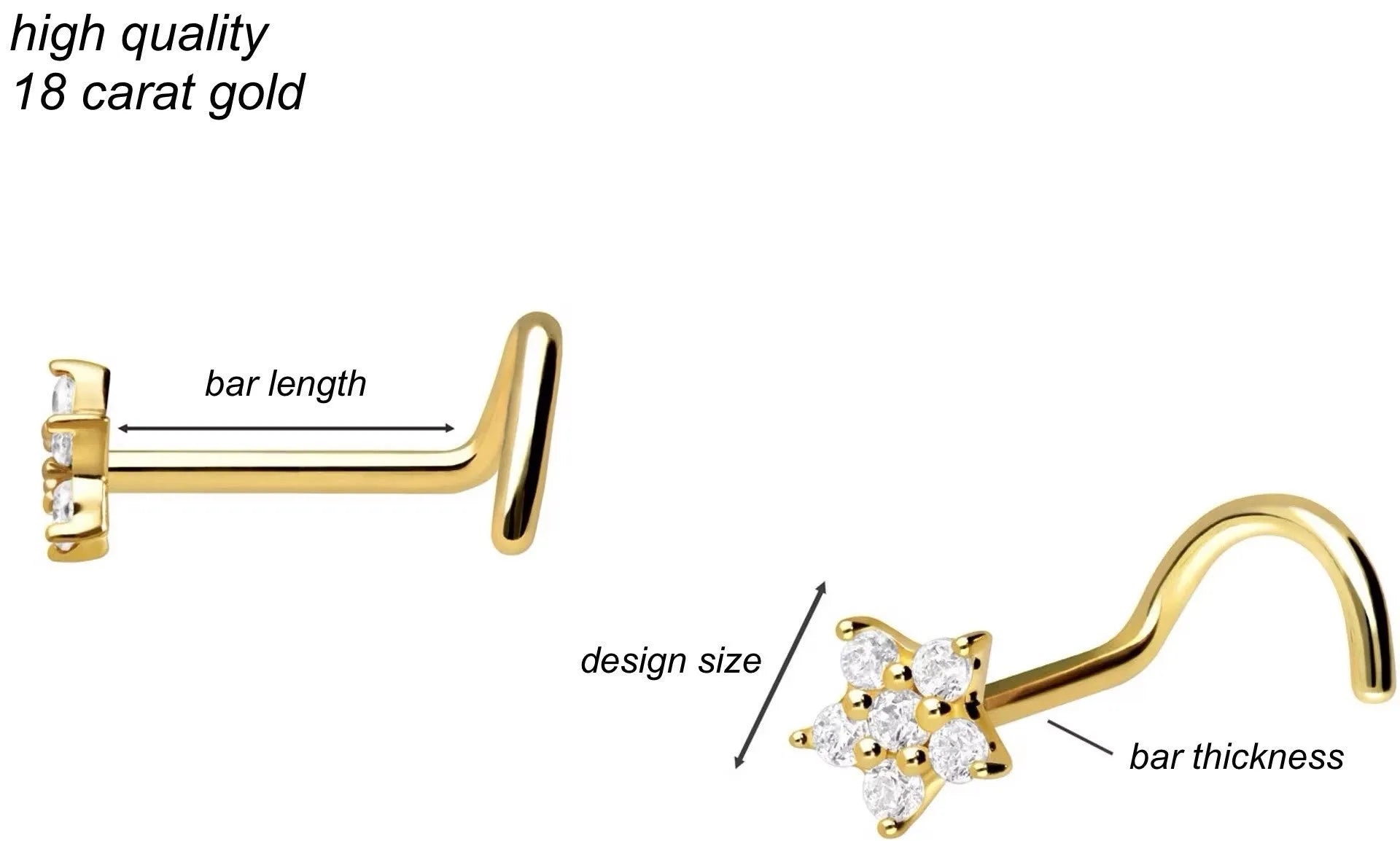 18K Gold Nose Ring Corkscrew - Dainty Crystal Flower