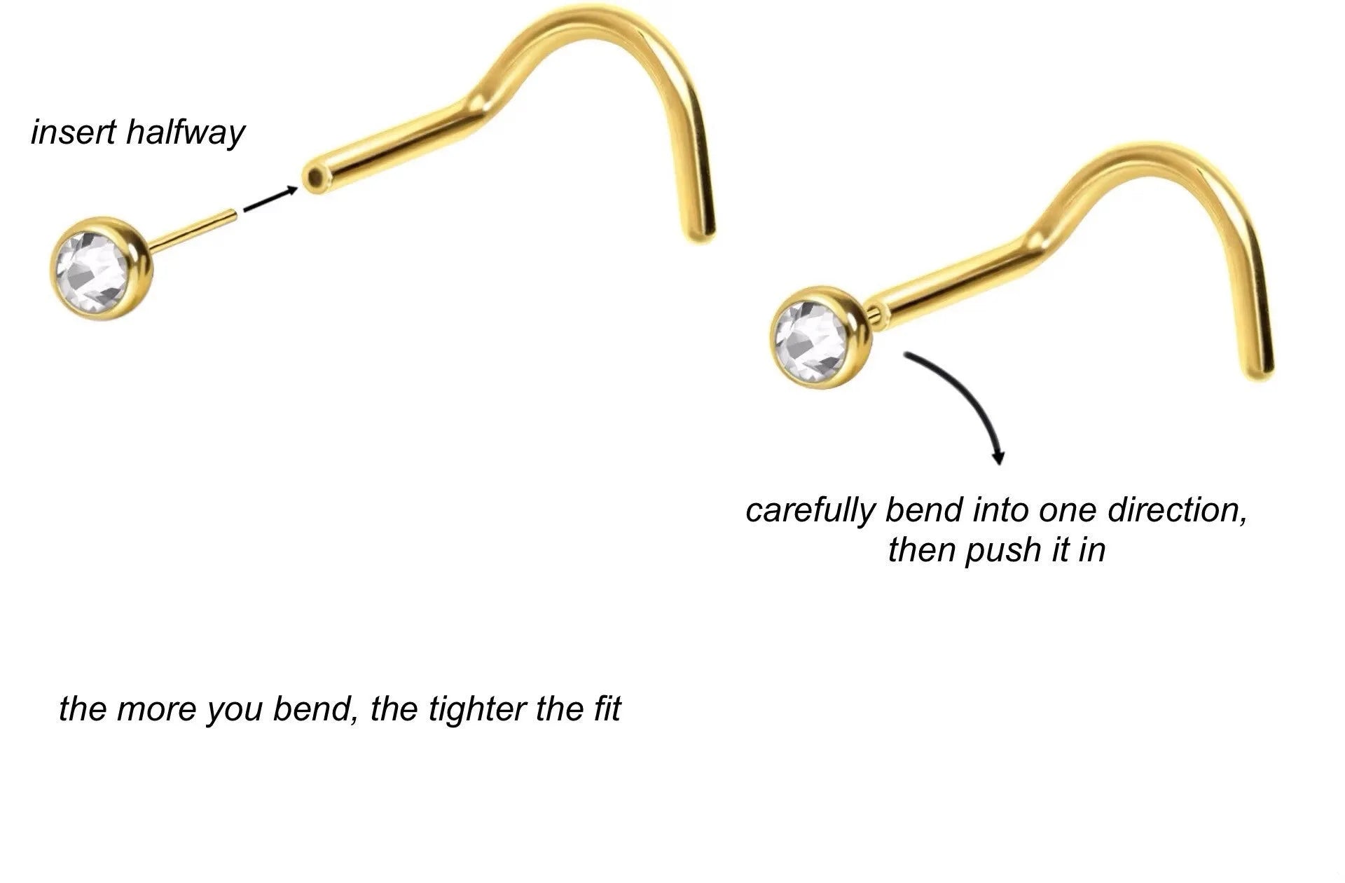 Titanium Nose Ring Corkscrew Stud - 3 Crystal Designs