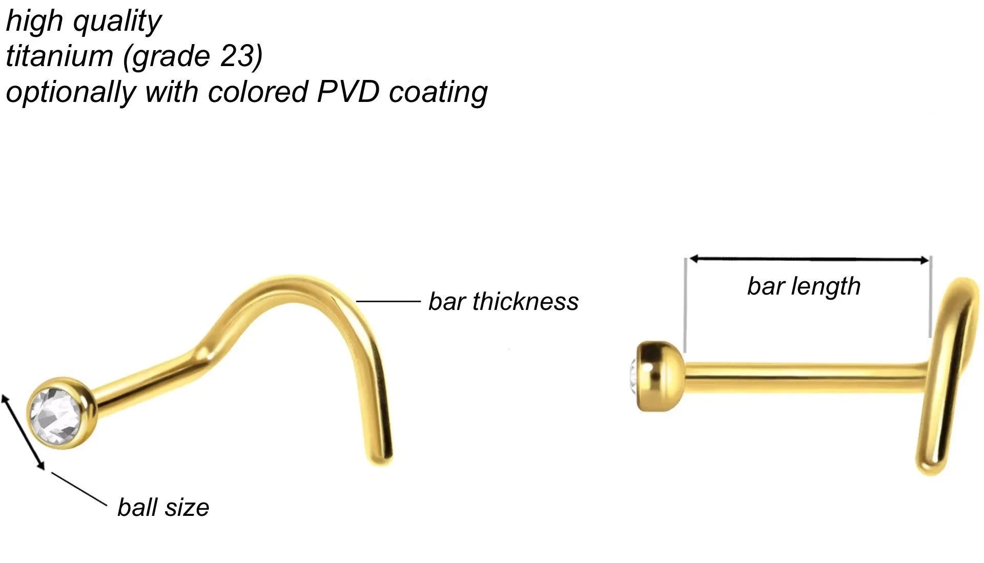 Titanium Nose Ring Corkscrew Stud - 3 Crystal Designs