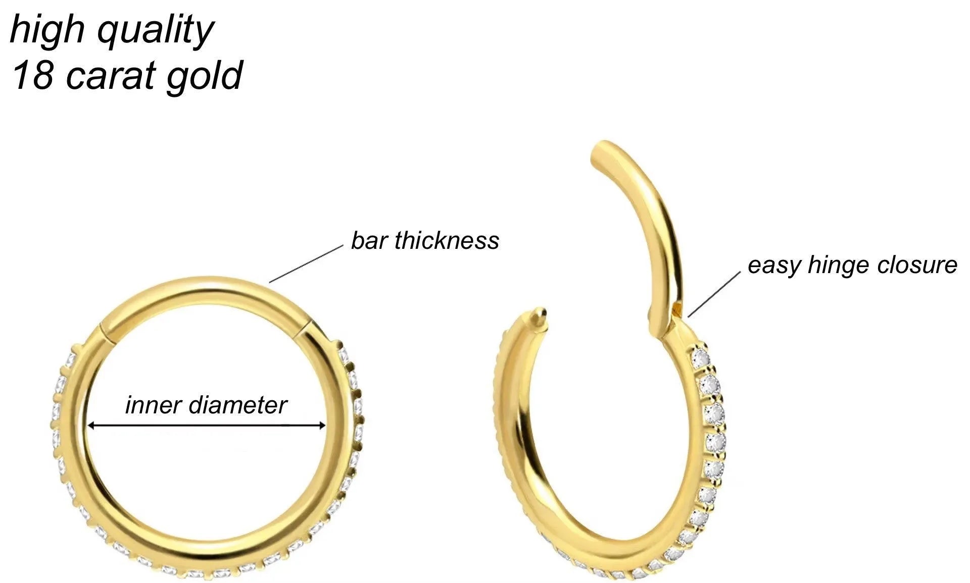 18 Karat Gold Clicker Piercing Hoop - Side Crystals