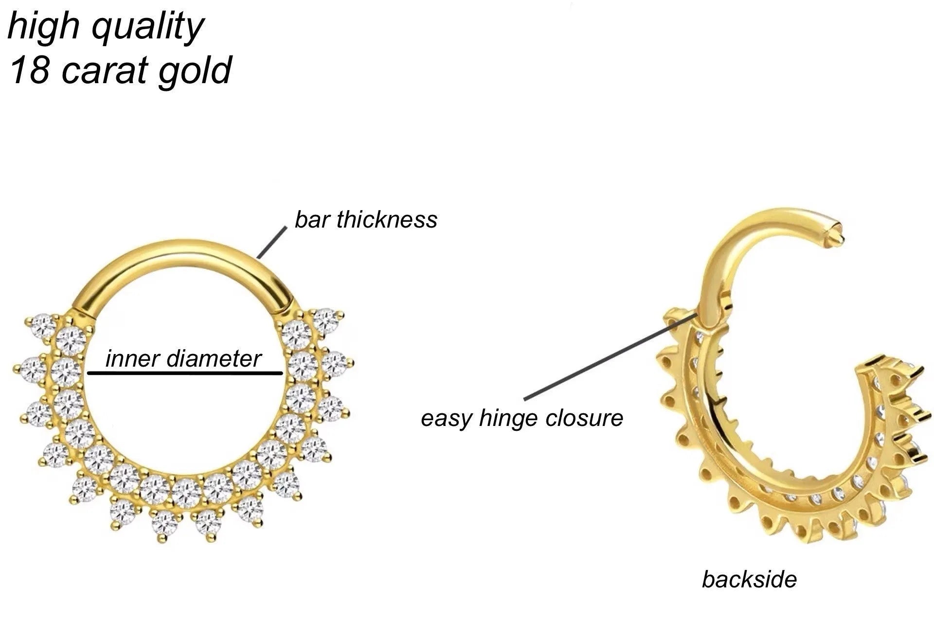 18 Karat Gold Clicker Piercing Hoop - Stunning Crystal Sun
