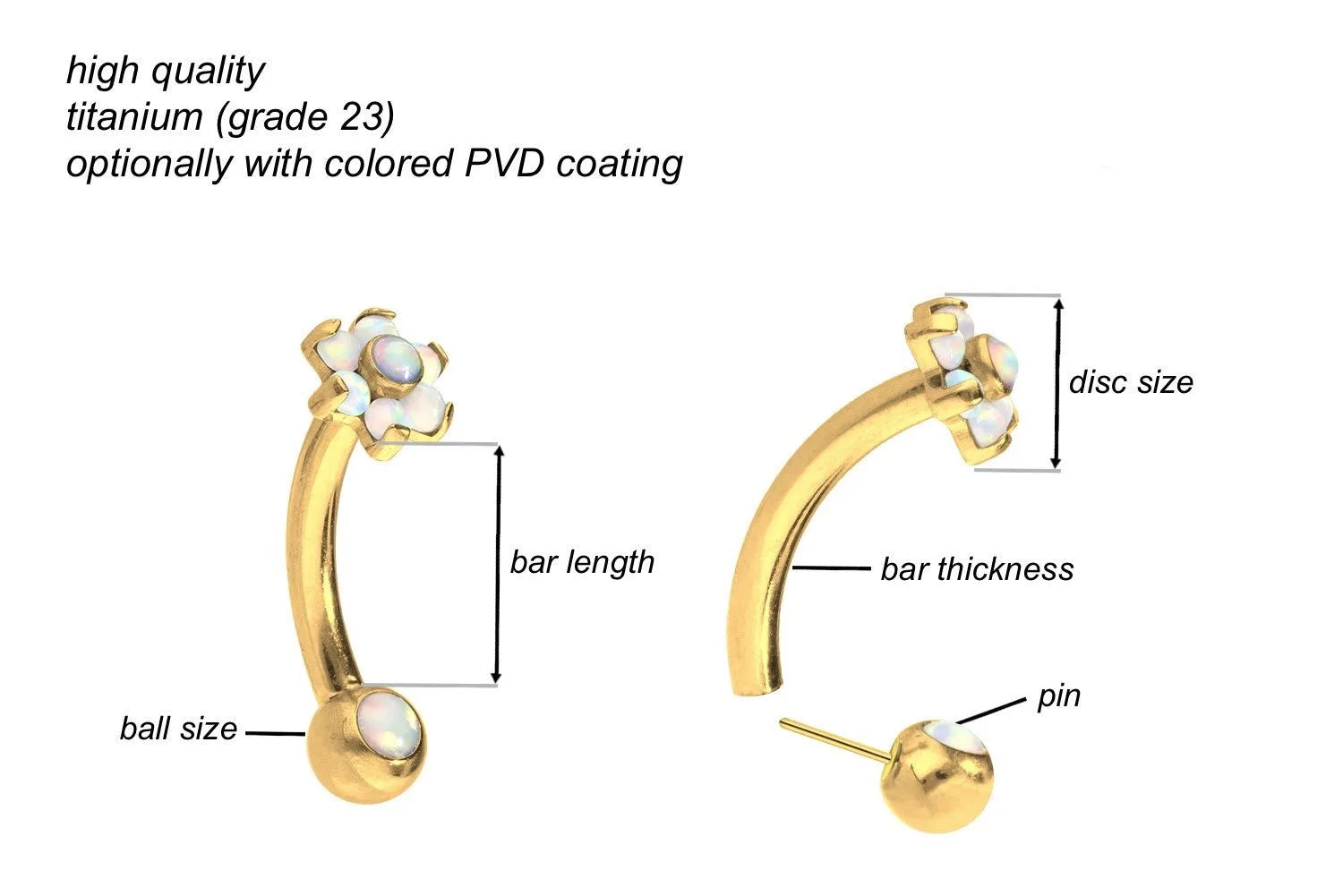 Titanium Push Pin Curved Barbell - Shiny Opal Flower