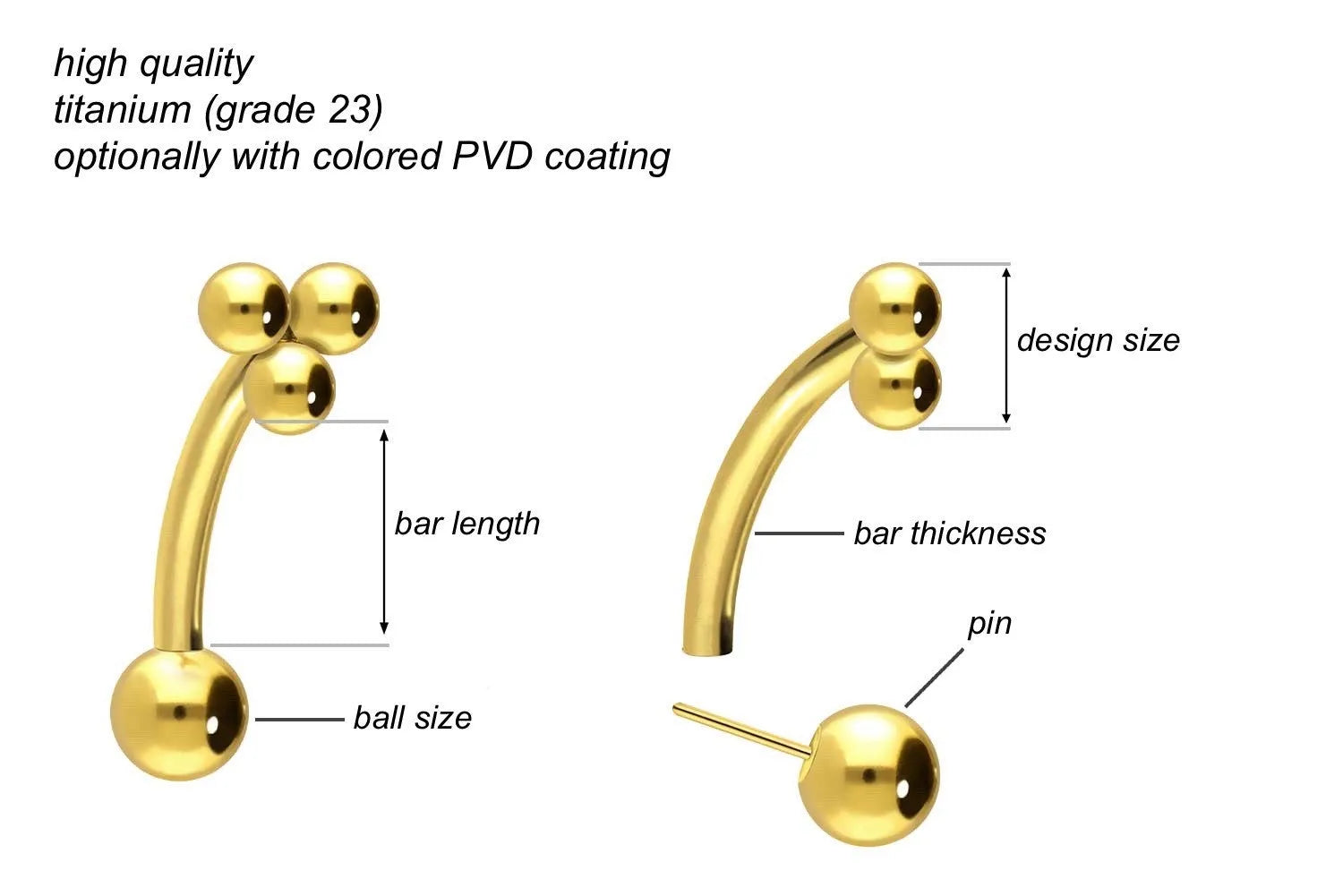 Titanium Push Pin Curved Barbell - 3 Cute Balls