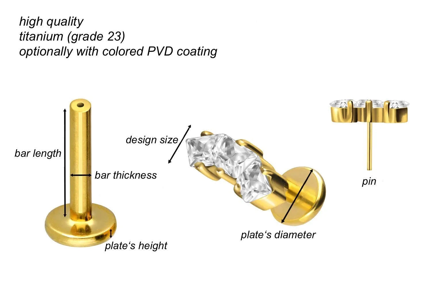 Titanium Push Pin Flat Back Stud - Elegant Crystal Curve