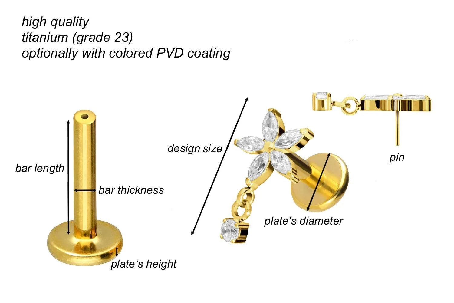 Titanium Push Pin Flat Back Stud - Flower & Cute Dangle