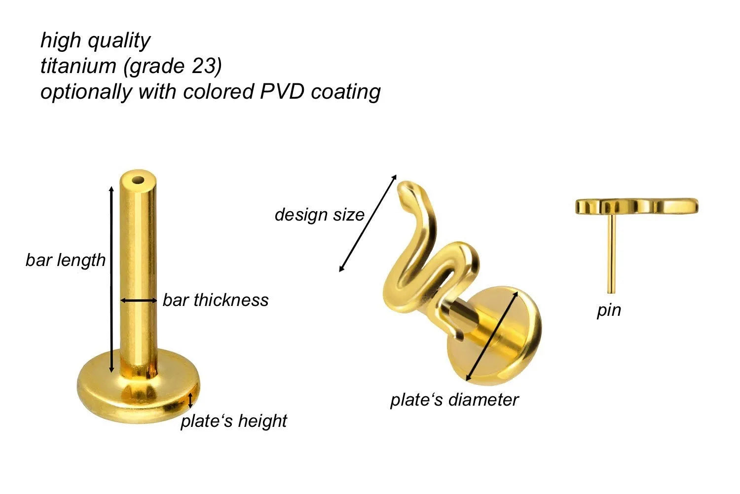 Titanium Push Pin Flat Back Stud - Dainty Snake