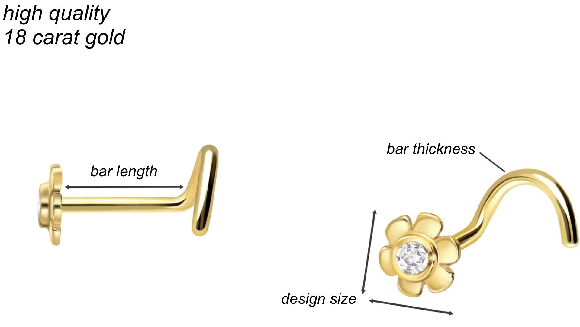 18k gold nose ring featuring a dainty flower with a crystal in the center