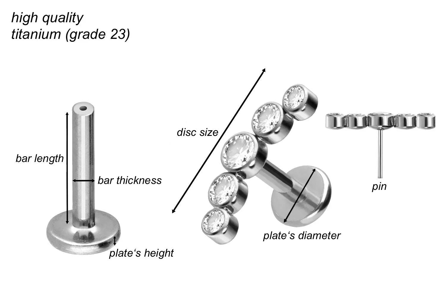Titanium Push Pin Flat Back Stud - Rounded Crystal Curve