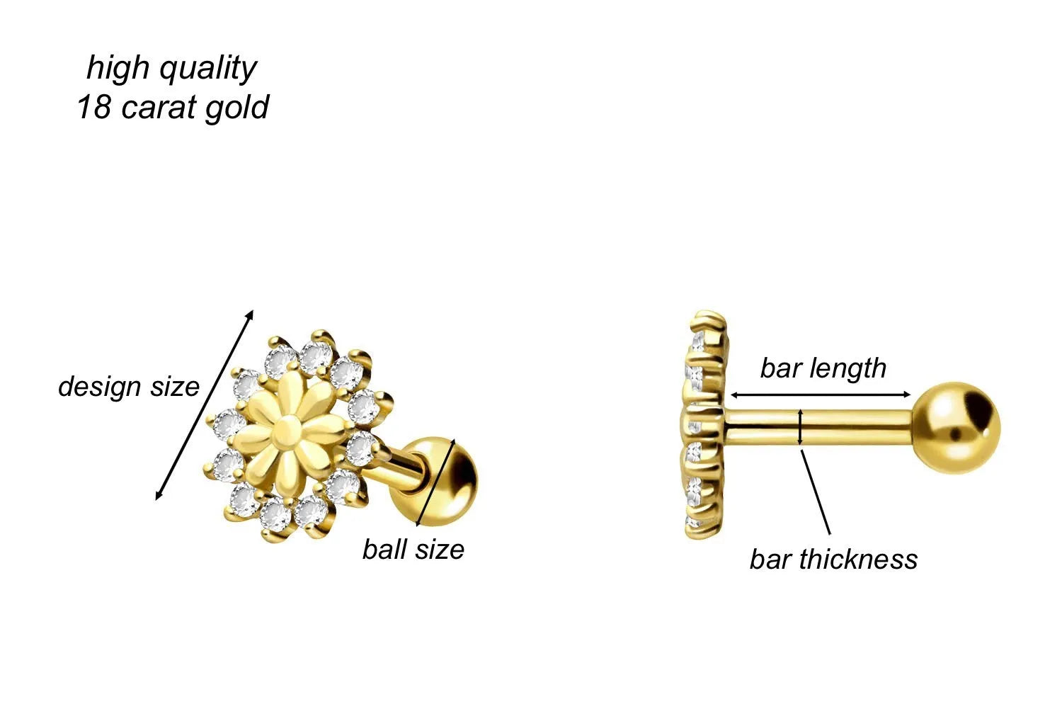 18 Karat Gold Ear Piercing Barbell - Stunning Flower