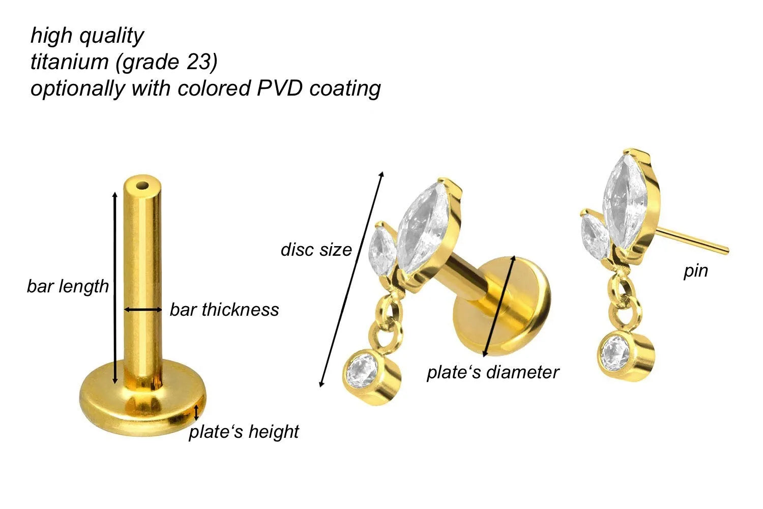 Titanium Push Pin Flat Back Stud - Flower Bud & Cute Dangle