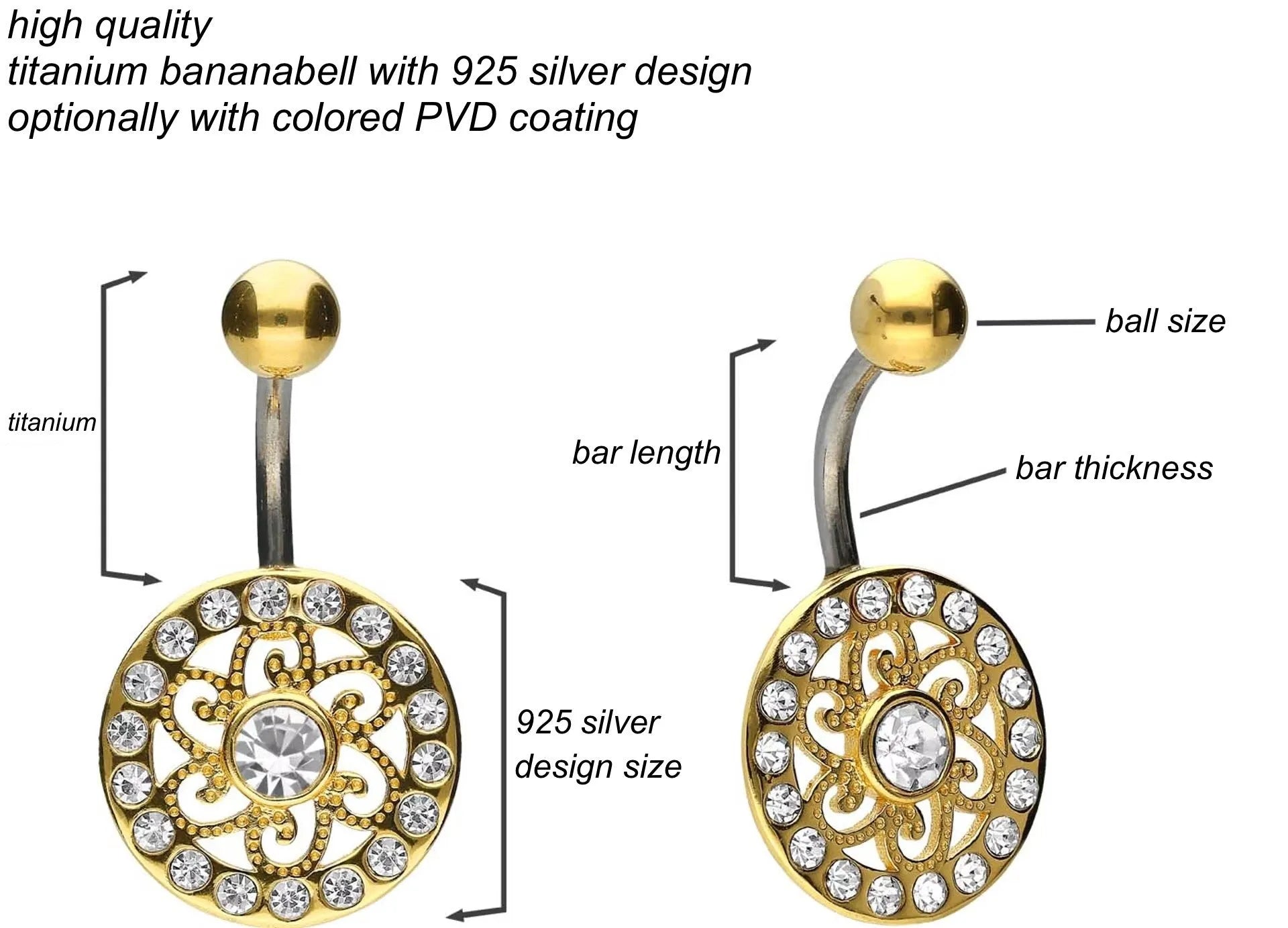 Titanium & 925 silver Belly Button Ring - Crystal Mandala