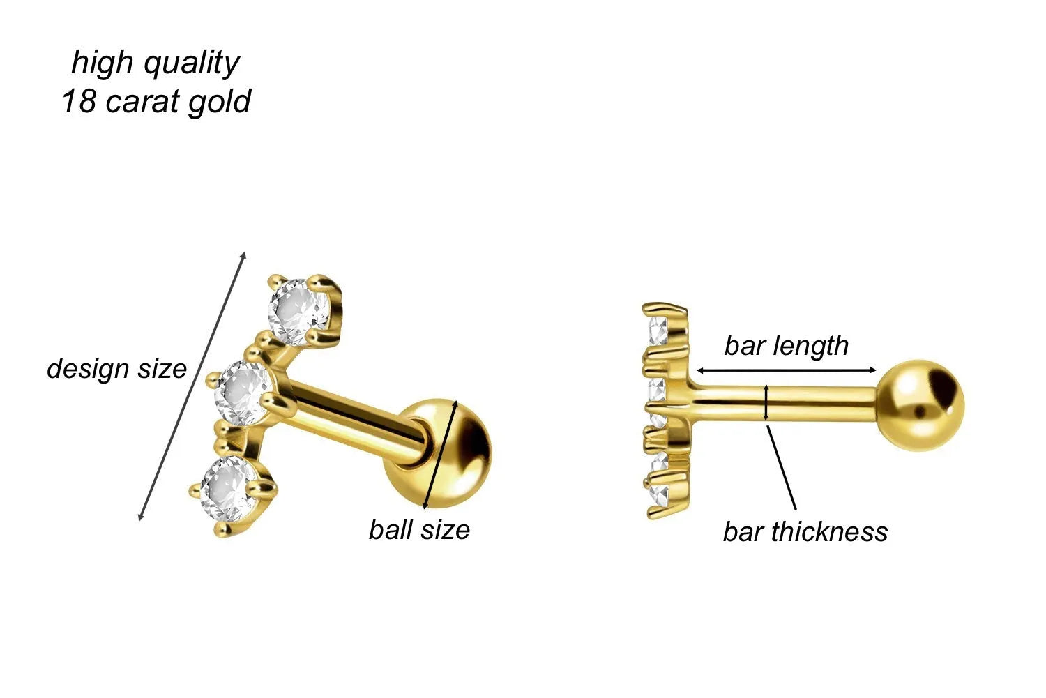 18 Karat Gold Ear Piercing Barbell - Dainty Crystal Curve