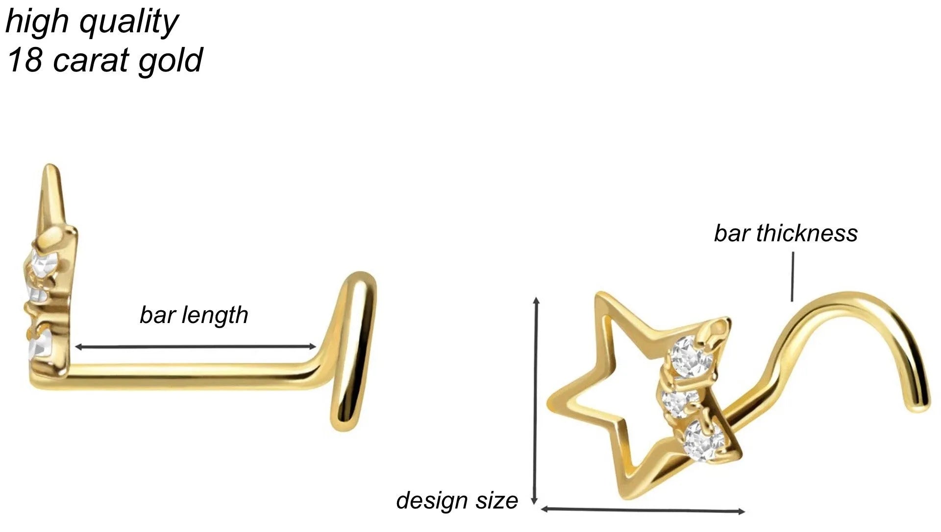 18k gold nose ring featuring an unique star with 3 crystals