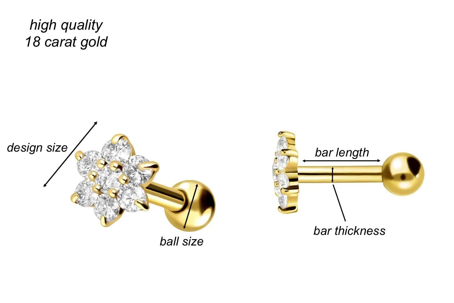 18 Karat Gold Ear Piercing Barbell - Dainty Flower