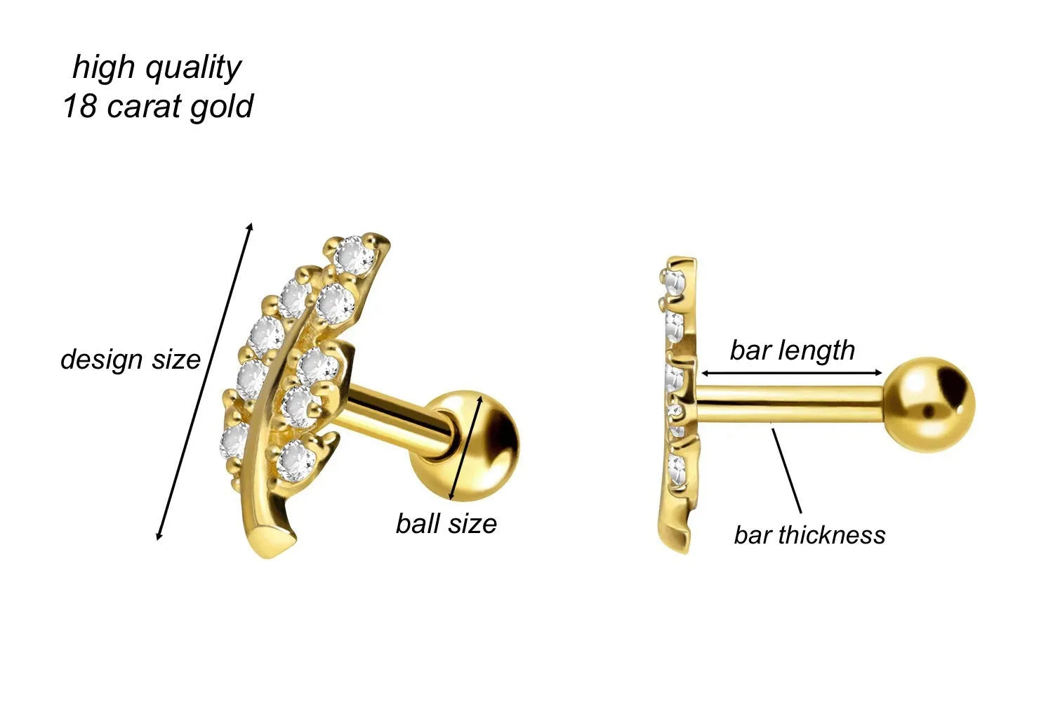 18 Karat Gold Ear Piercing Barbell - Sparkly Leaf