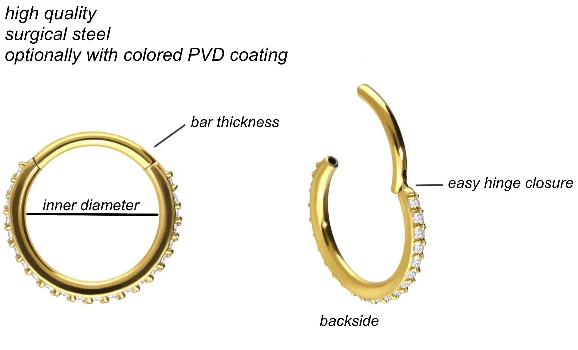 Surgical Steel Clicker Piercing Hoop - Side Crystals