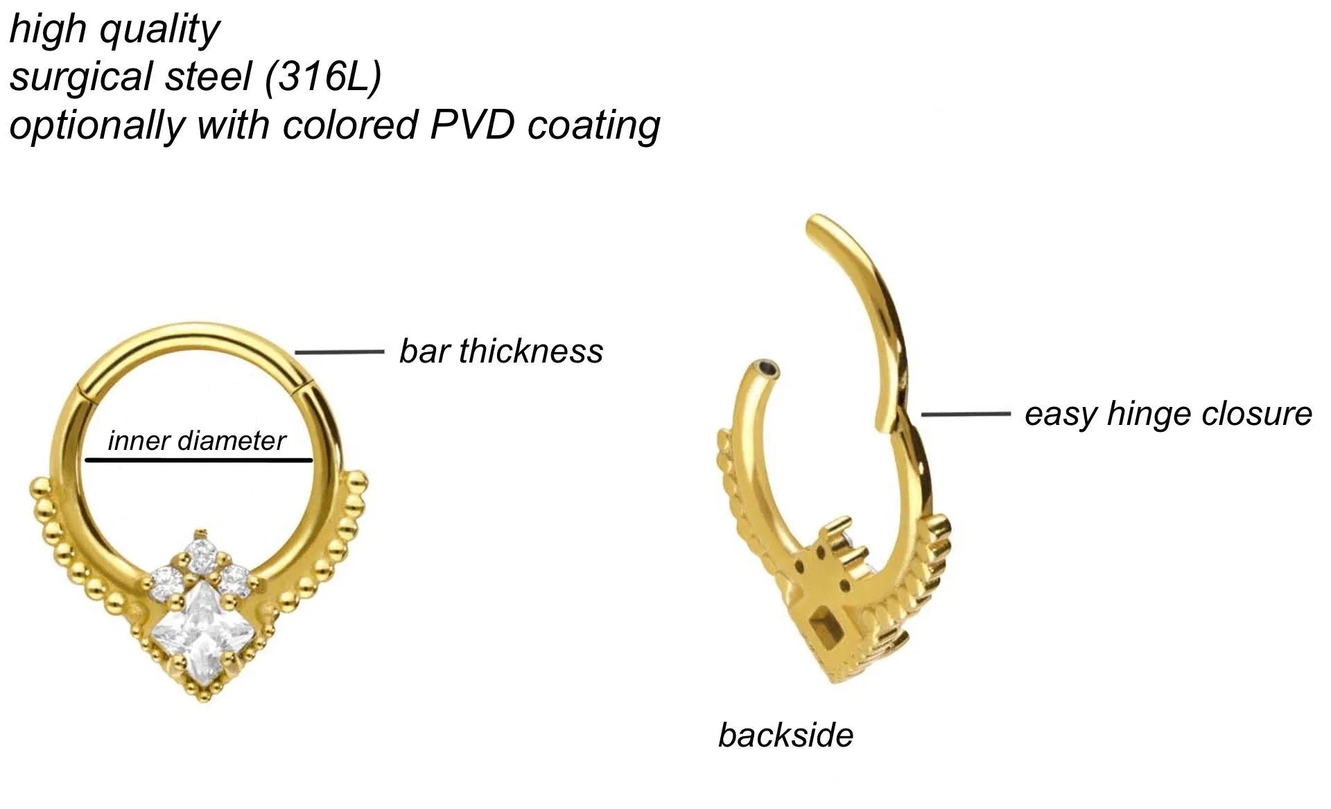 Surgical Steel Clicker Piercing Hoop - Beaded Emblem
