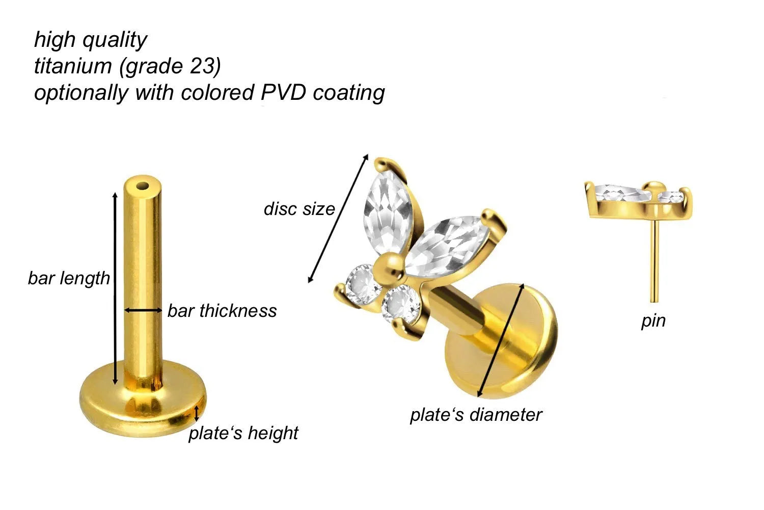 Titanium Push Pin Flat Back Stud - Crystal Butterfly