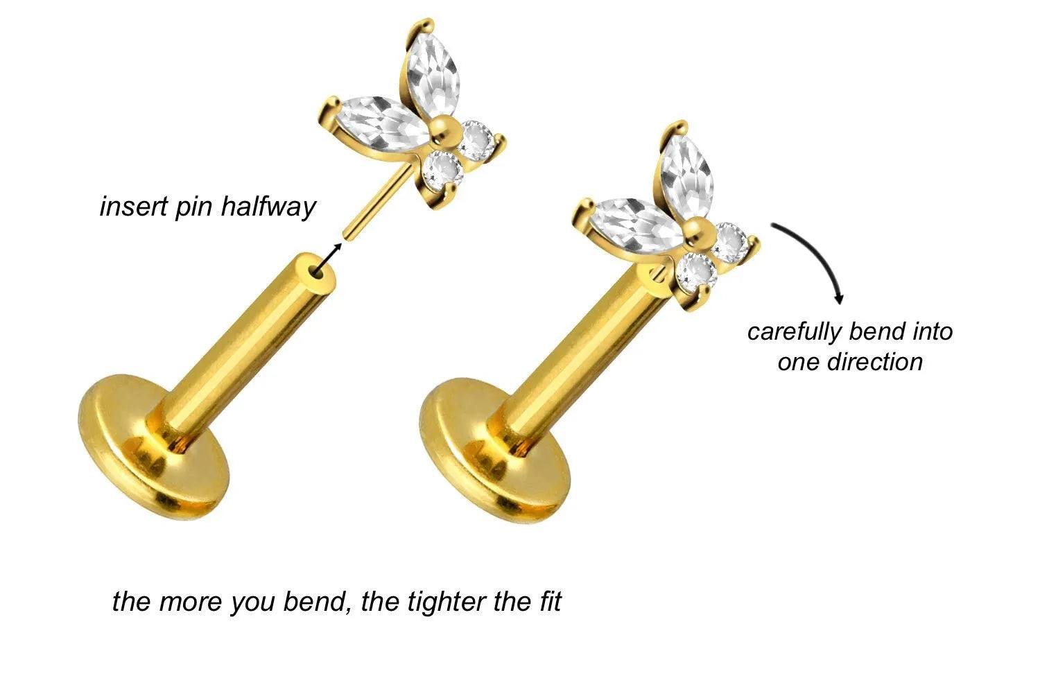 Titanium Push Pin Flat Back Stud - Crystal Butterfly