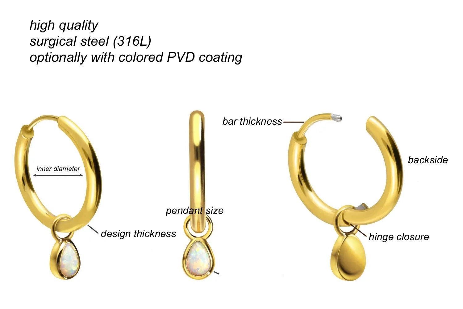 Surgical Steel Hoop Earrings - Dangling Opal