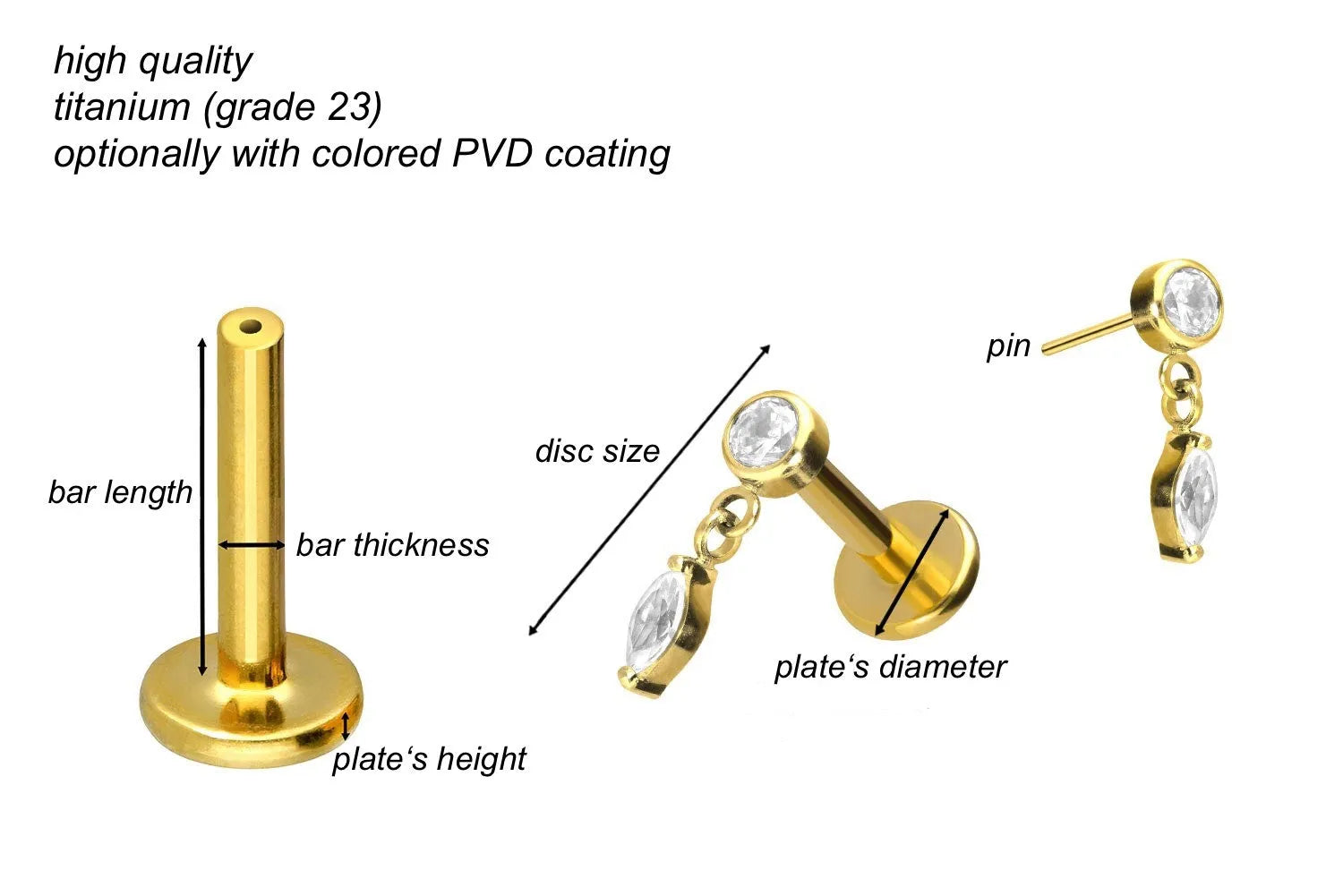 Titanium Push Pin Flat Back Stud - Dangling Drop