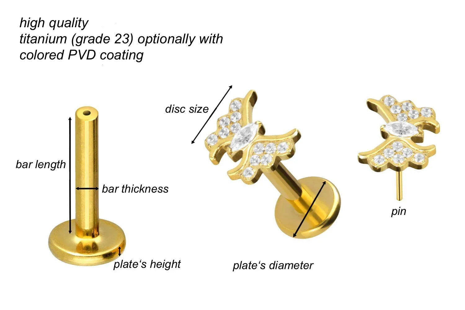 Titanium Push Pin Flat Back Stud - Sparkly Butterfly