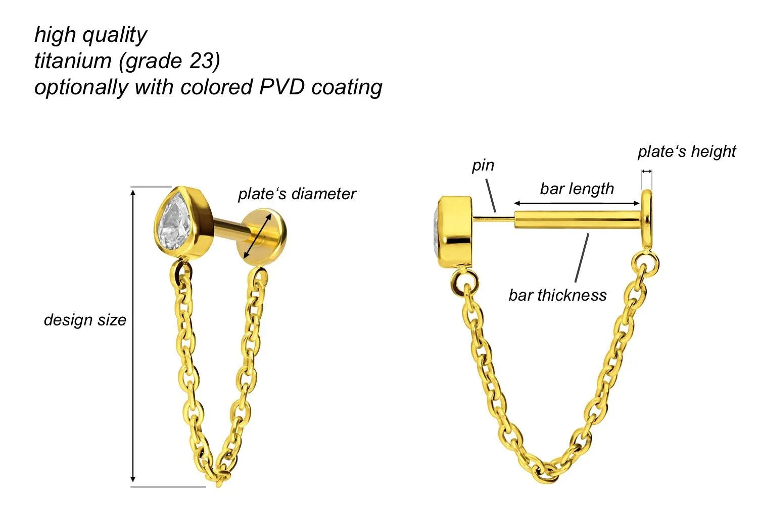 Titanium Push Pin Flat Back Stud - Crystal Drop & Connecting Chain