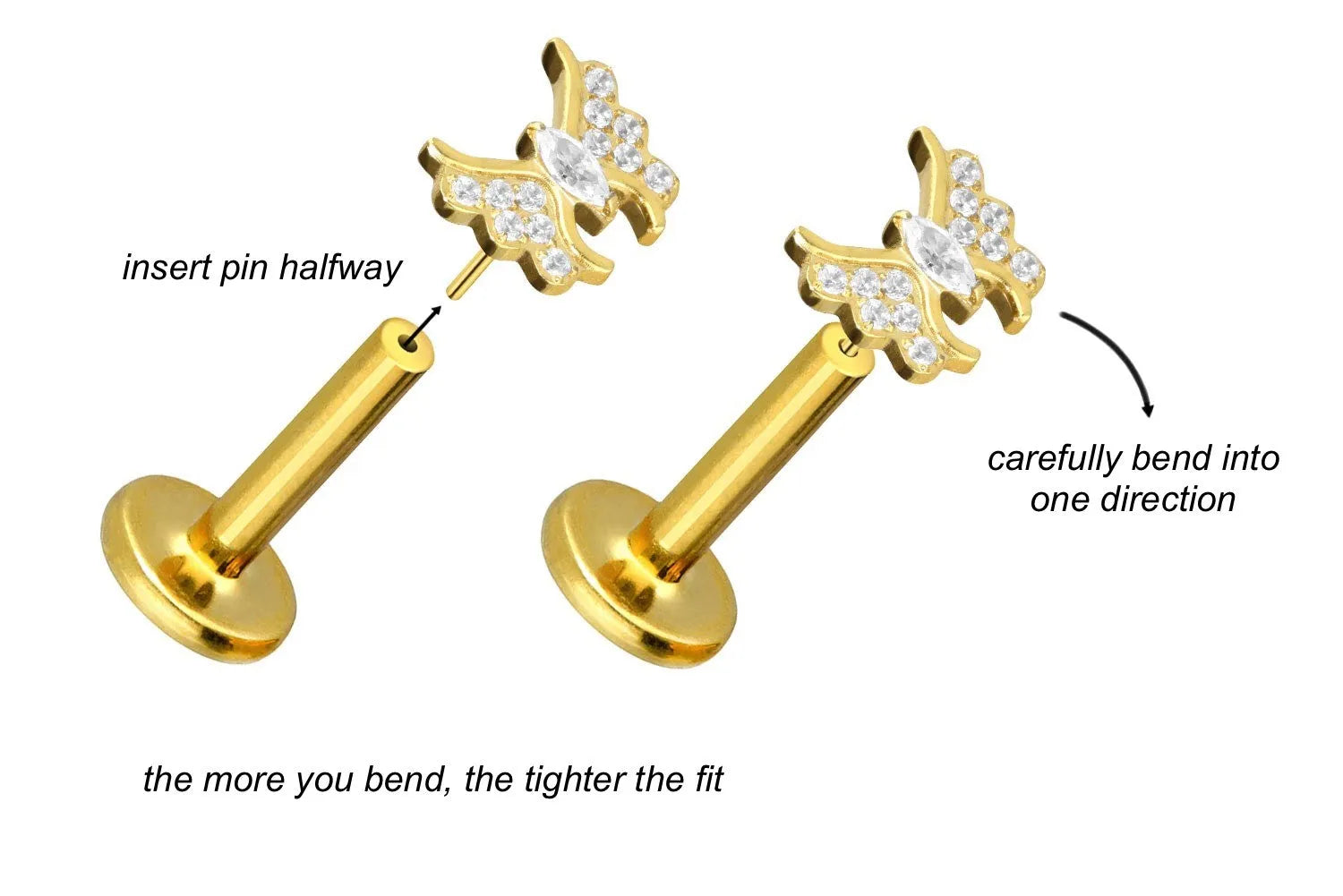 Titanium Push Pin Flat Back Stud - Sparkly Butterfly