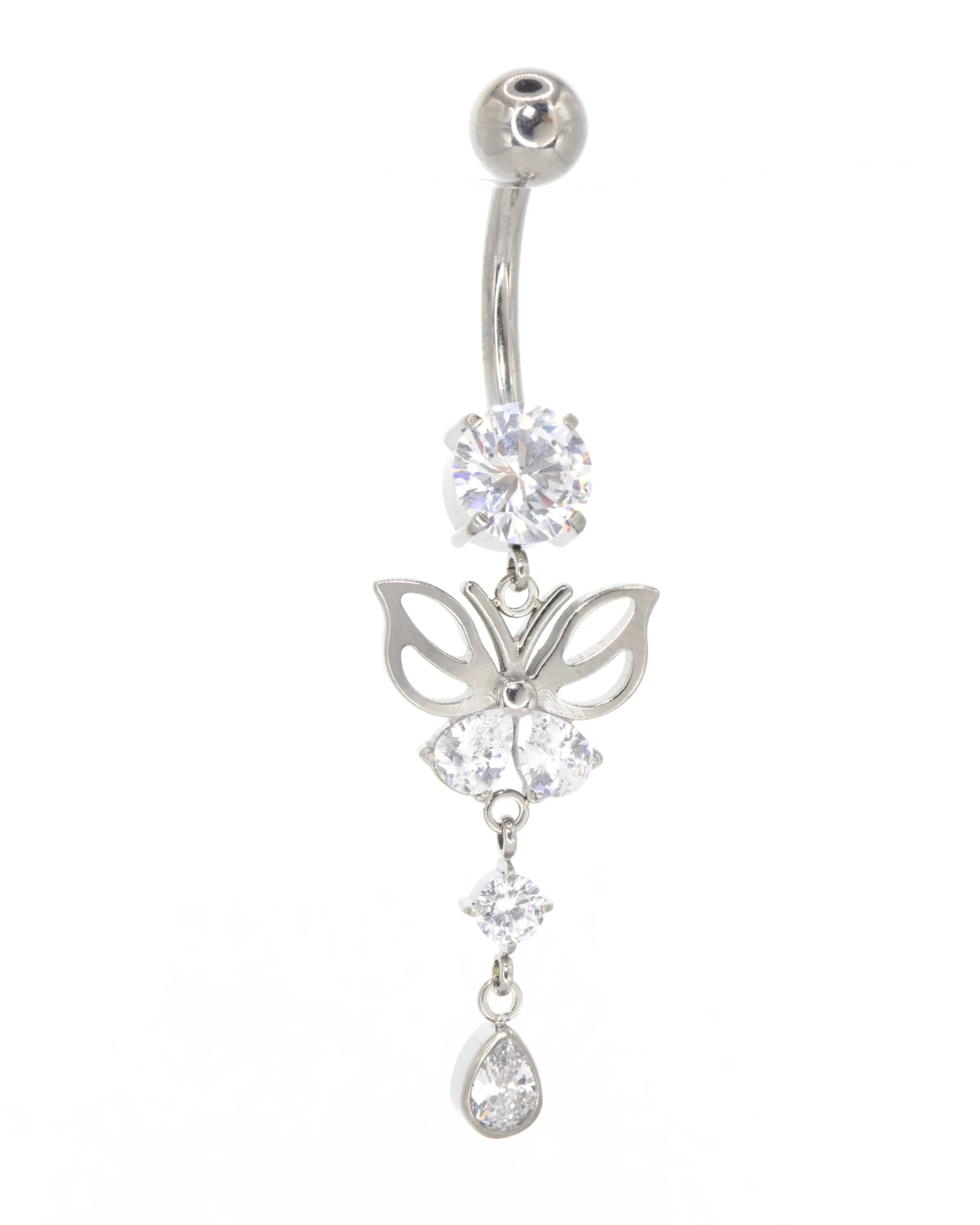 dangle belly ring featuring a butterly & crystals