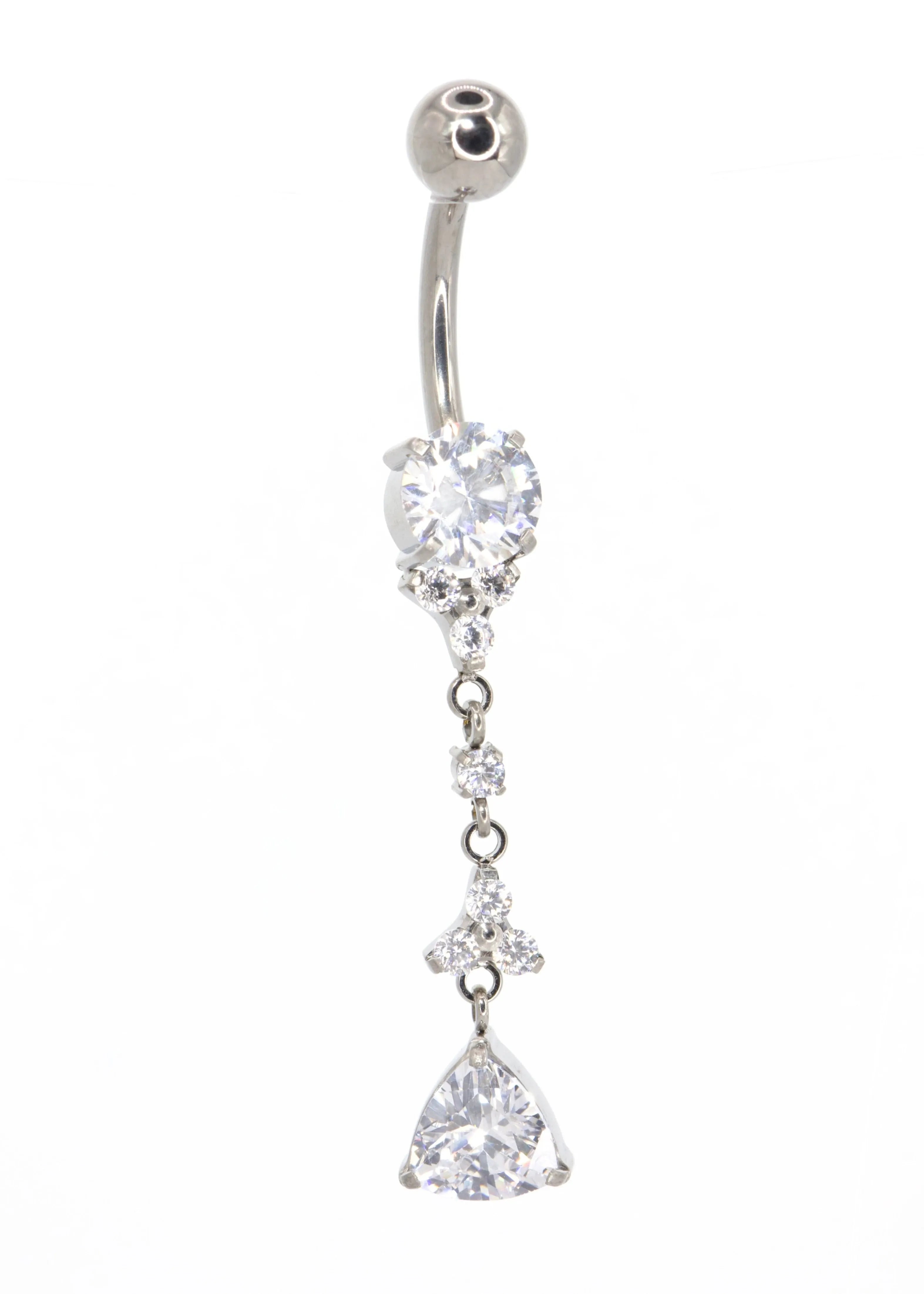 hypoallergenic dangle belly ring featuring a crystal chain
