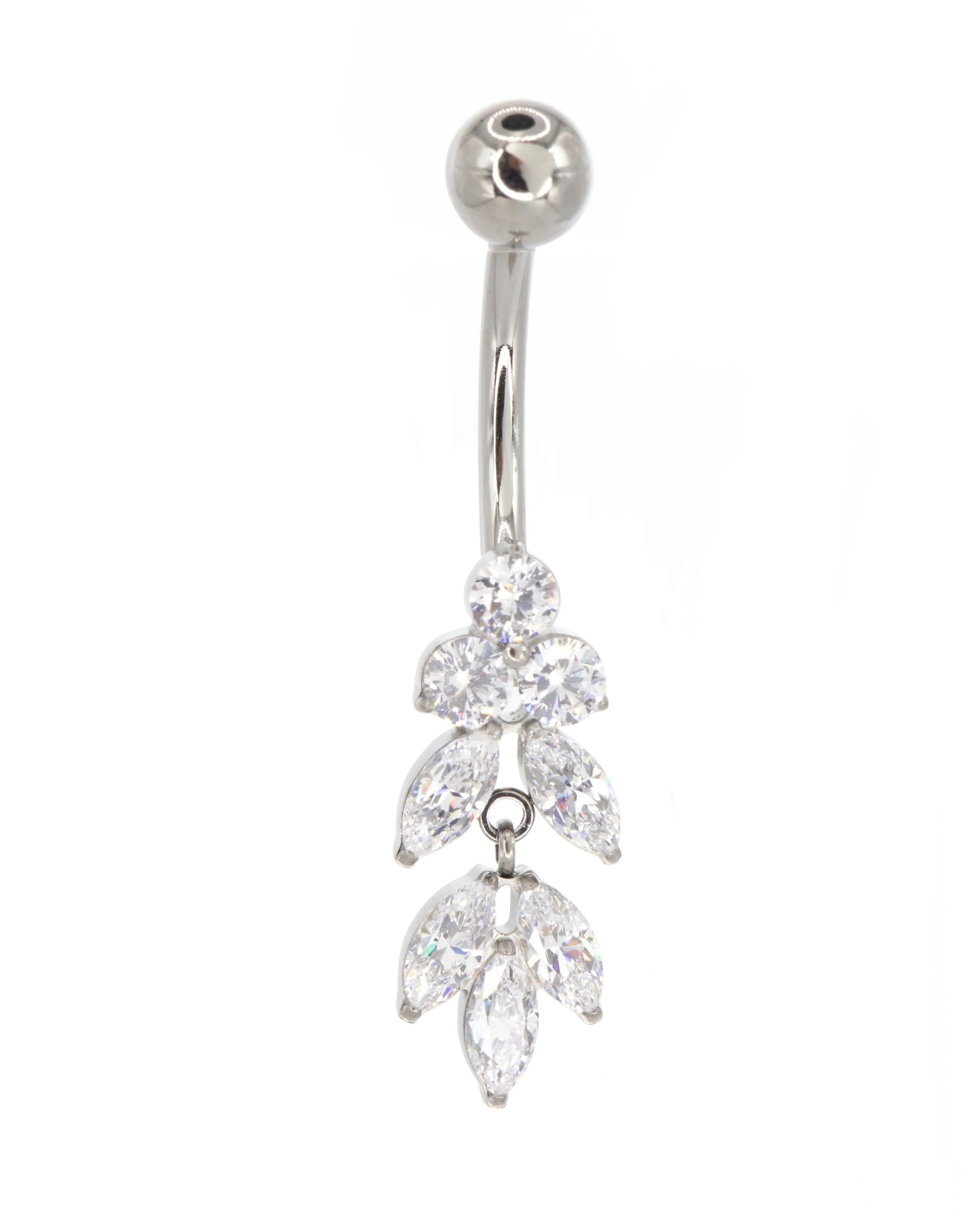 hypoallergenic dangle belly ring with a crystal leaf design