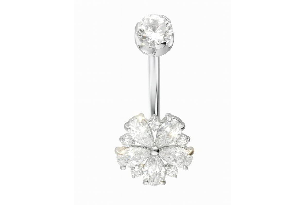 hypoallergenic belly ring with a sparkly and shiny flower design