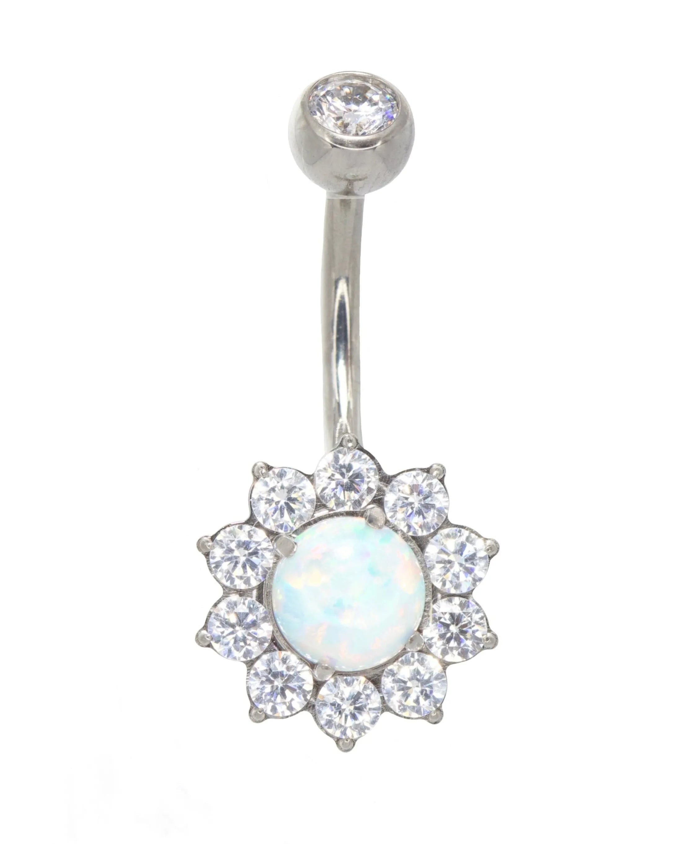 hypoallergenic belly button ring with an opal flower