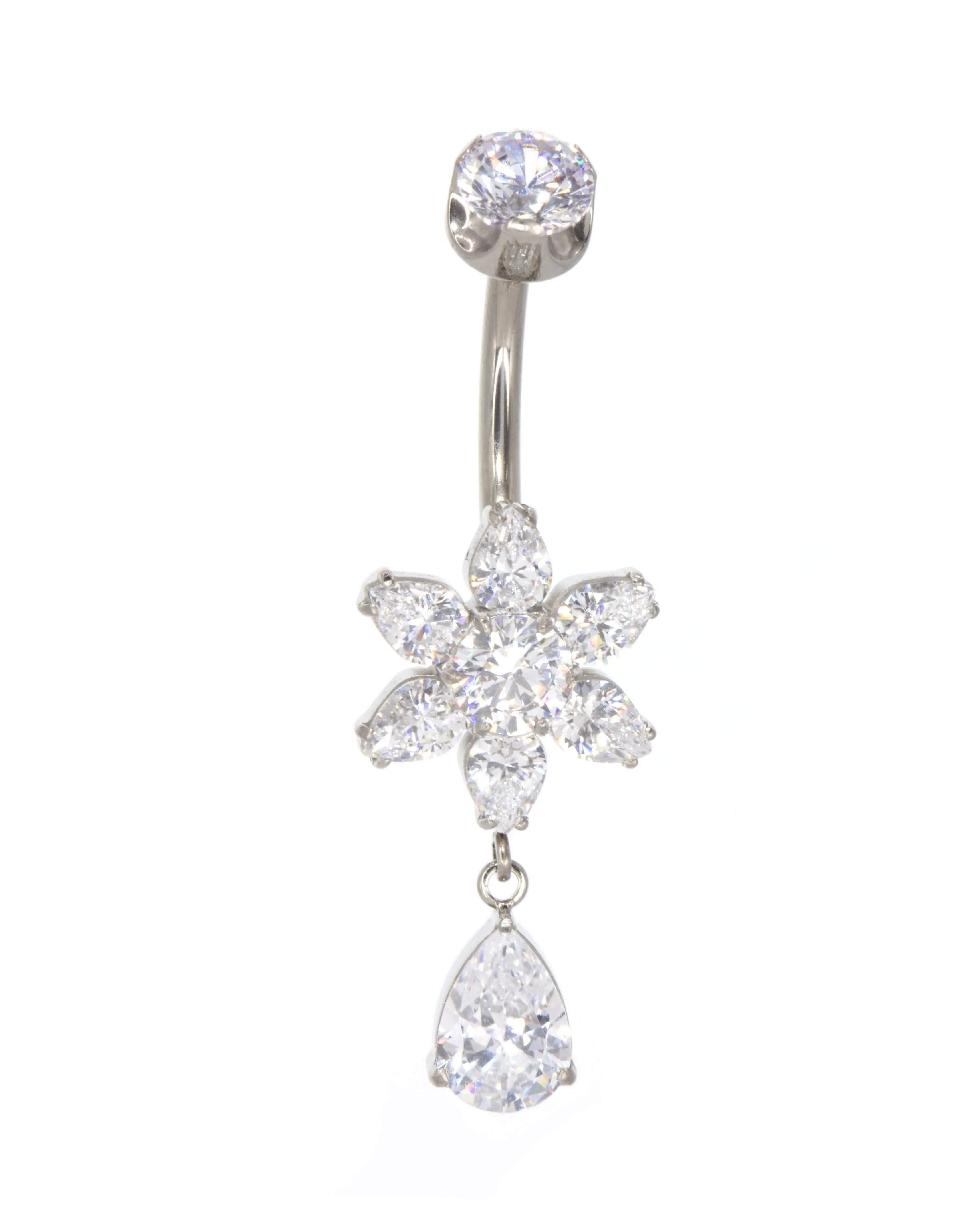 dangle belly ring featuring a flower & drop