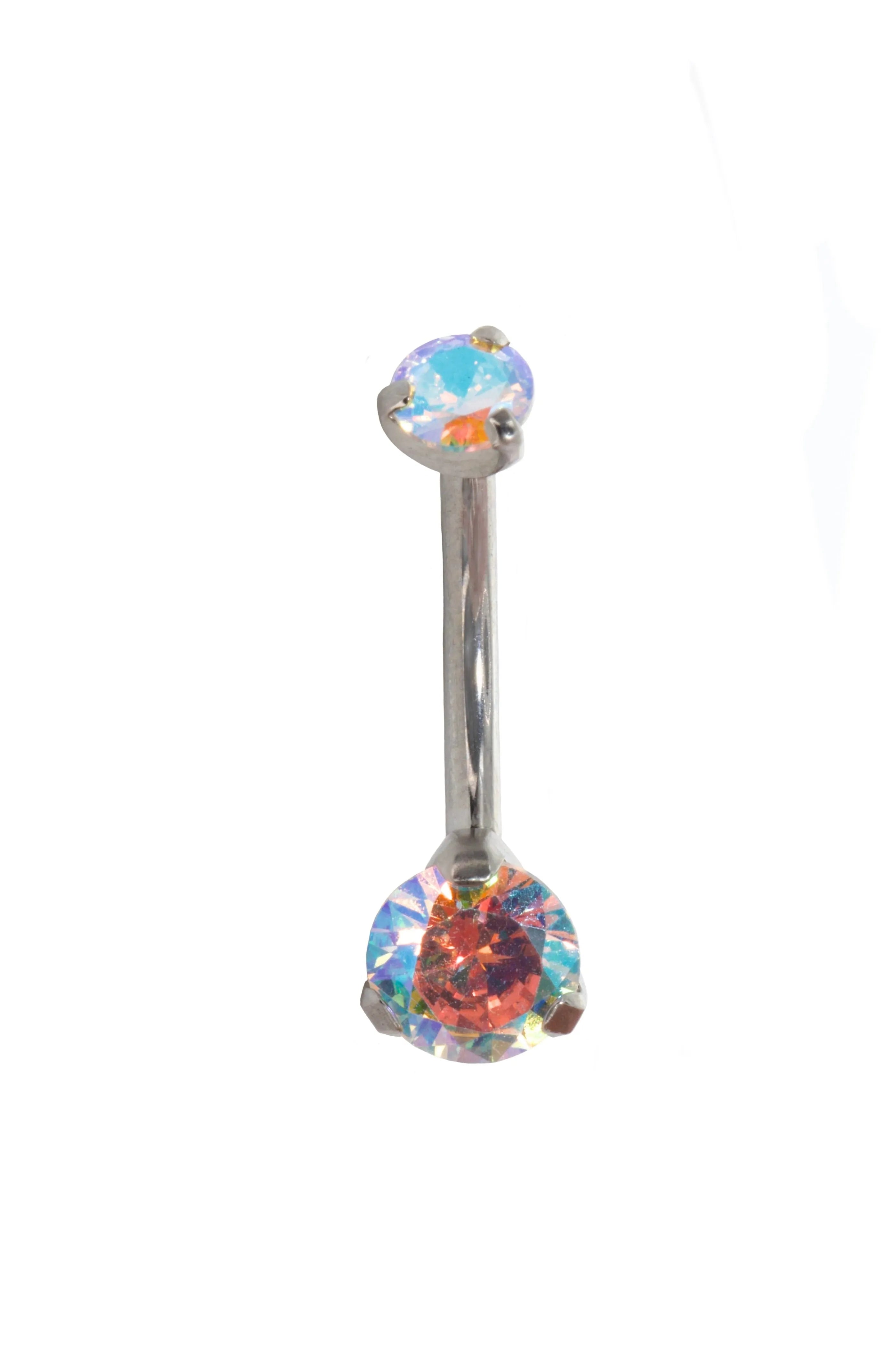 belly ring featuring 2 dainty rainbow diamonds
