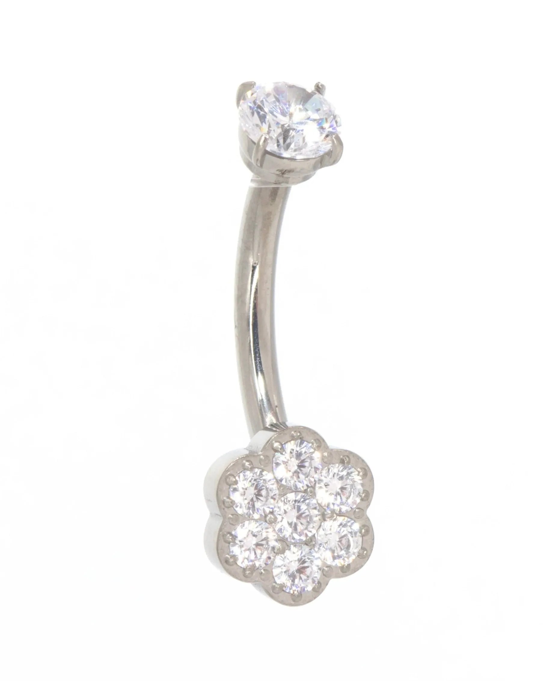 hypoallergenic belly ring featuring a tiny crystal flower