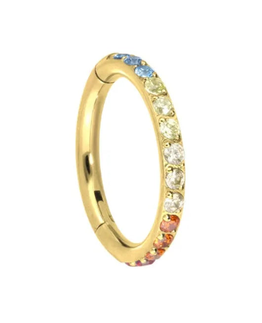 gold helix earring with rainbow multi color crystals