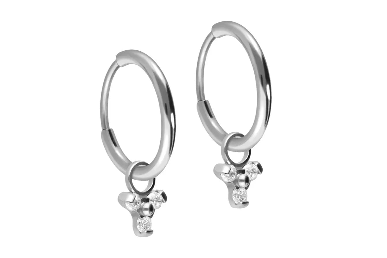 silver dangle hoop earrings with a dainty crystal trinity