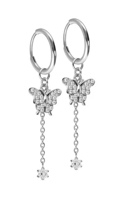 silver dangle hoop earrings with a butterfly and flower design