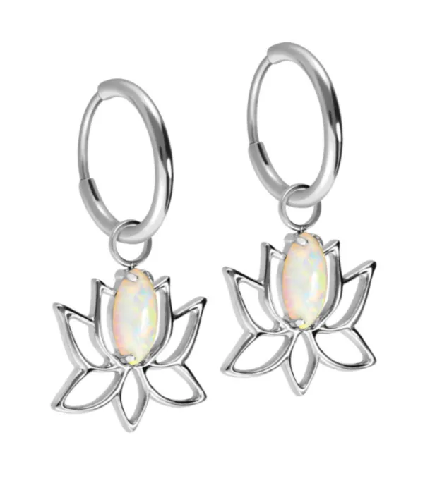 silver dangle hoop earrings with a opal & lotus design