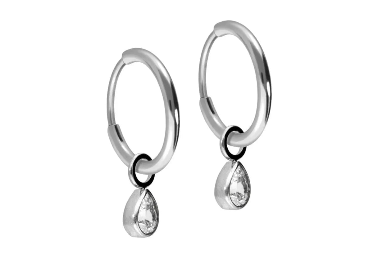silver dangle hoop earrings with an elegant crystal drop