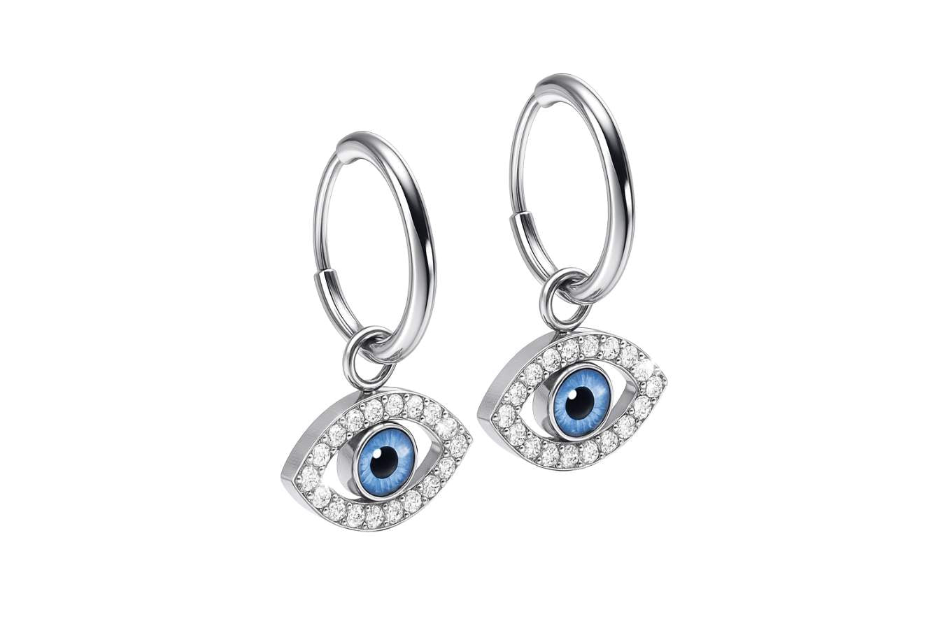 non-tarnish hoop earrings with an evil eye design