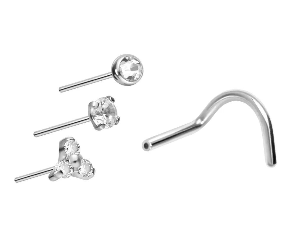 silver nose ring featuring 3 different crystal design replacements