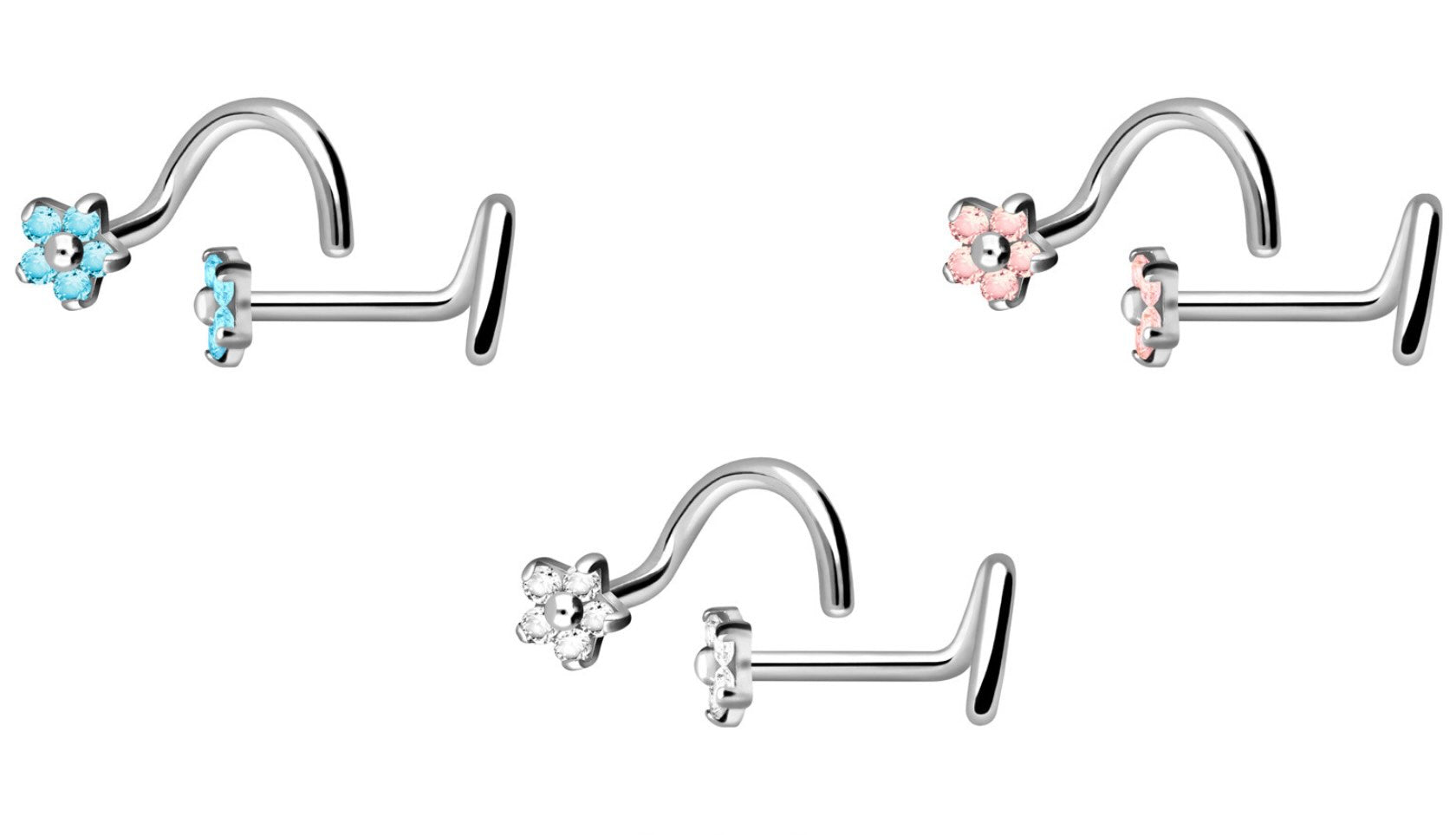 titanium nose rings with dainty flowers in pink, blue and crystal clear